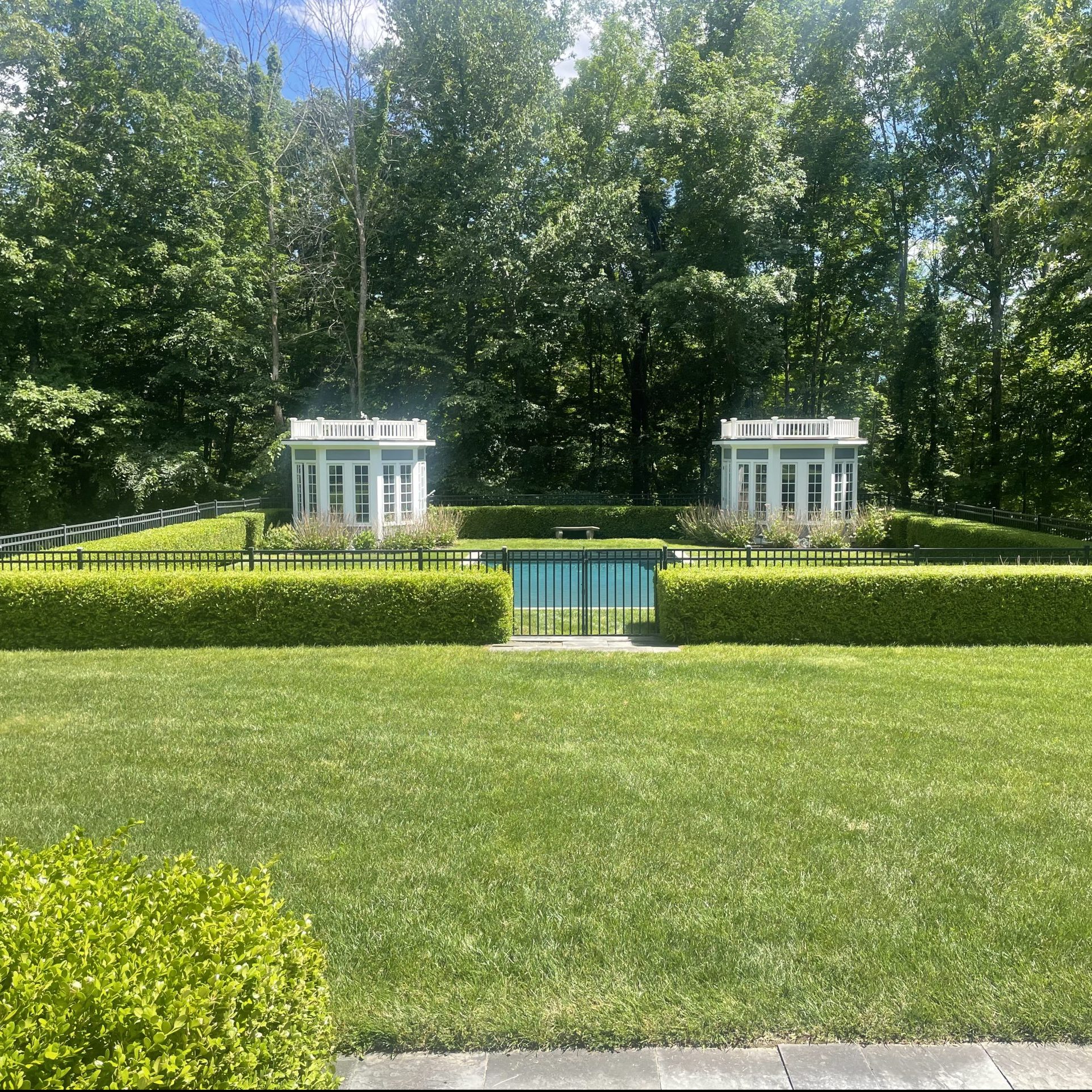 Formal pool garden with clipped hedges